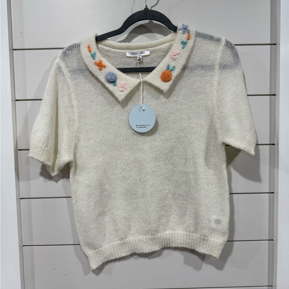 Cloud Ten Cream Sweater with Crochet Floral Collar